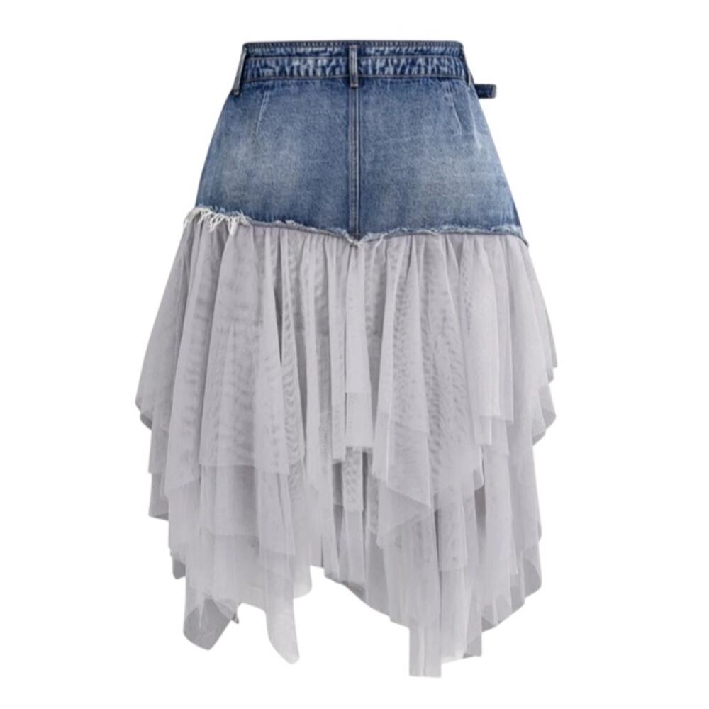 Micas denim & tulle midi skirt in light blue and gray - Picture 4 of 8